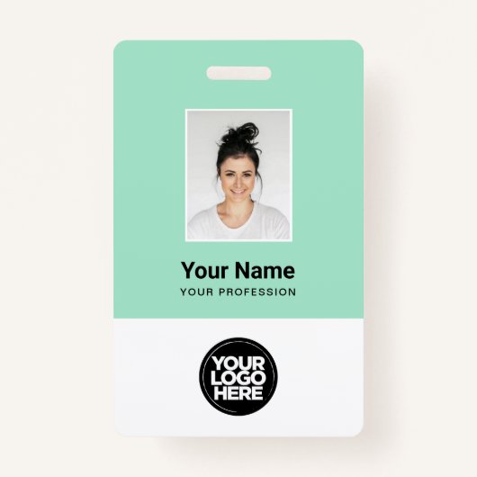 Badge Photo de l'employé vert, Code de barre, Logo, Nom (Devant)