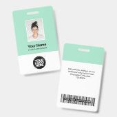 Badge Photo de l'employé vert menthe, Code-barres, Logo, (Avant & arrière)