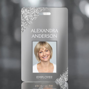 Badge Photo de nom d'employé avec paillettes argentées E