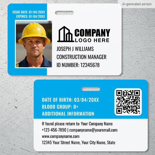 Badge Photo de sécurité avec logo et code QR bleu pour e