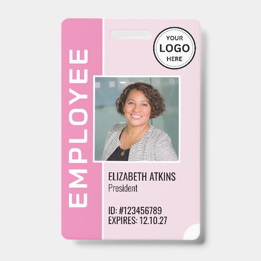 Badge photo d'employé avec logo d'entreprise rose (Avant)