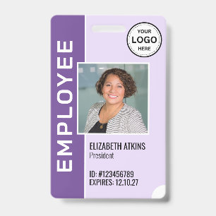 Badge photo d'employé avec logo d'entreprise viole