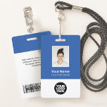 Badge Photo d'employé bleu personnalisé, Code barre, Log<br><div class="desc">Personnalisez facilement ce badge personnalisé de nom d'employé avec photo, code de barre d'analyse et logo d'entreprise. Un design d'entreprise simple dans des couleurs bleues et blanches vibrantes entièrement personnalisable en tailles avant et arrière, sans-serif polices de base et moderne et un look professionnel et clair. Disponible avec cordon, clip...</div>