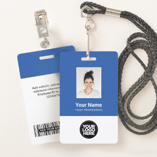 Badge Photo d'employé bleu personnalisé, Code barre, Log