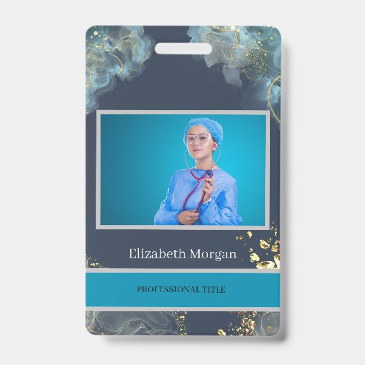 Badge Photo d'employé Branché Boho Bleu (Avant)