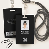 Badge Photo d'employé noir personnalisée, Code barre, Lo