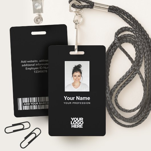 Badge Photo d'employé noir personnalisée, Code barre, Lo