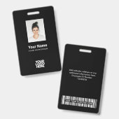 Badge Photo d'employé noir personnalisée, Code barre, Lo (Avant & arrière)