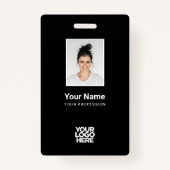 Badge Photo d'employé noir personnalisée, Code barre, Lo (Devant)