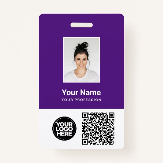 Badge Photo d'employé pourpre, code Qr et barre, logo, n (Devant)
