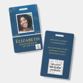 Badge photo d'employé QR Code Code-barres Bleu Or (Avant & arrière)