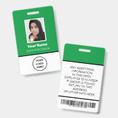 Badge Photo d'employé vert personnalisée, Code barre, Lo (Front & Back)