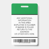 Badge Photo d'employé vert personnalisée, Code barre, Lo (Back)