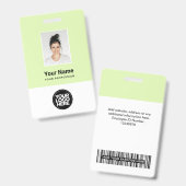 Badge Photo d'employé vert personnalisée, Code barre, Lo (Avant & arrière)