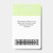 Badge Photo d'employé vert personnalisée, Code barre, Lo (Arrière)