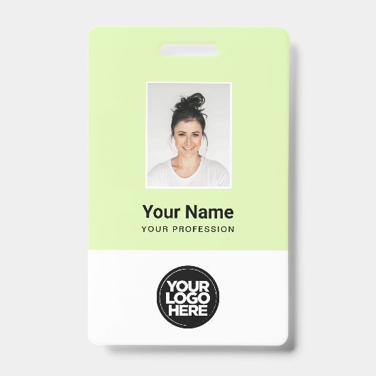 Badge Photo d'employé vert personnalisée, Code barre, Lo (Avant)