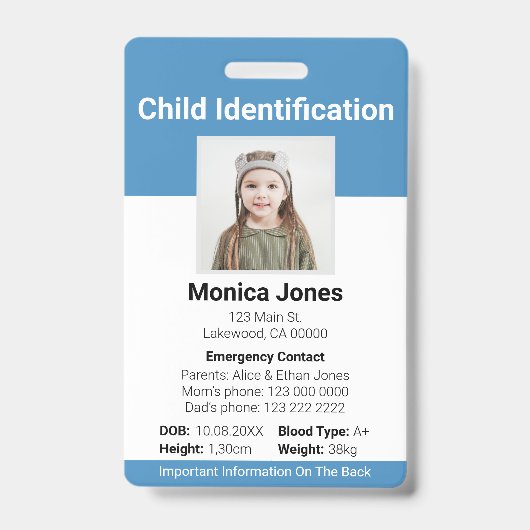 Badge Photo d'identification d'enfant bleu (Avant)