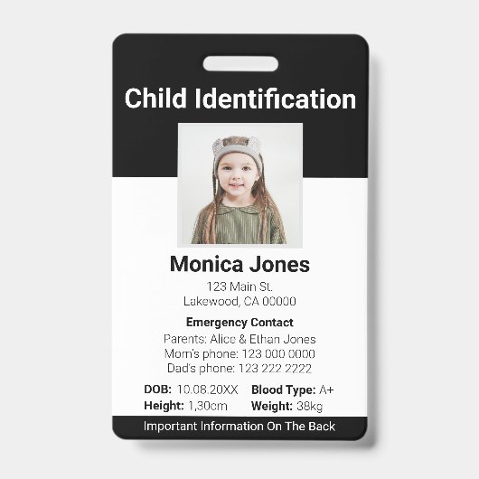 Badge Photo d'identification d'enfant noir (Avant)