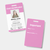 Badge Photo d'identification d'enfant rose clair (Avant & arrière)