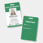 Badge Photo d'identification d'enfant vert (Avant & arrière)