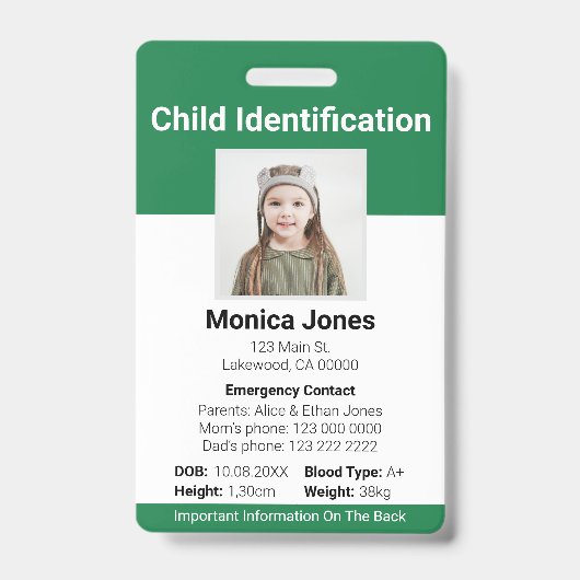 Badge Photo d'identification d'enfant vert (Avant)