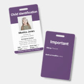 Badge Photo d'identification d'enfant violet (Avant & arrière)