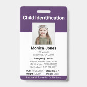 Badge Photo d'identification d'enfant violet (Avant)