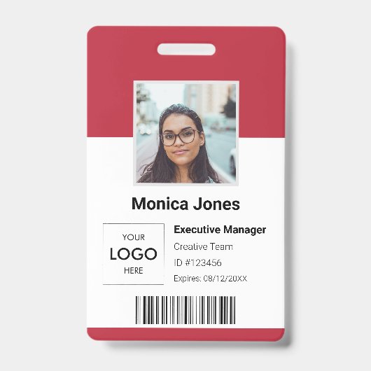 Badge Photo d'identité de l'employé avec logo en rouge (Avant)