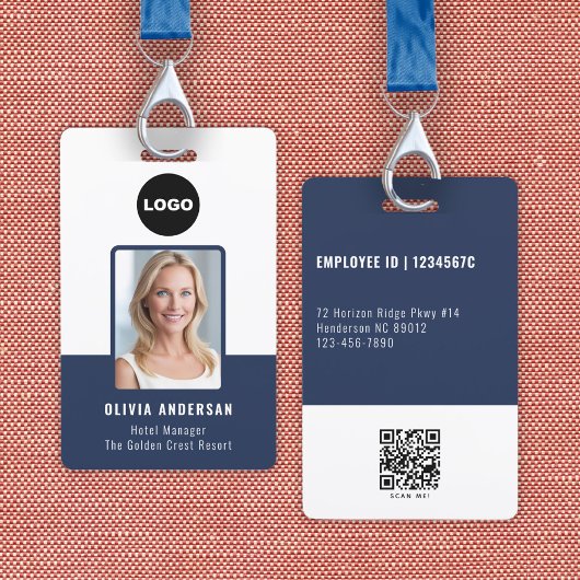 Badge Photo d'identité de l'employé bleu Code QR Logo de