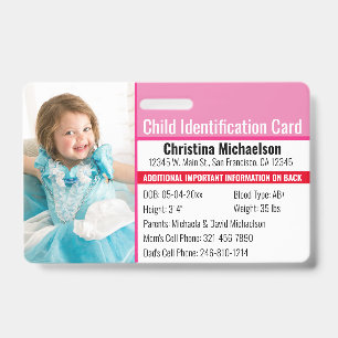 Badge Photo d'identité de l'enfant Urgence médicale Alle