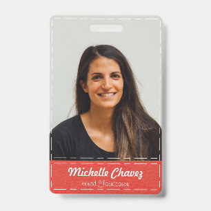 Badge photo en cuir personnalisé rouge couture pou