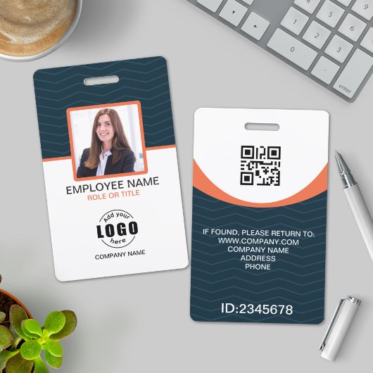 Badge Photo Entreprise Employé QR Code Bleu Orange