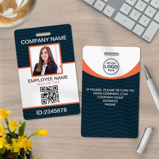 Badge Photo Entreprise Employé QR Code Bleu Orange