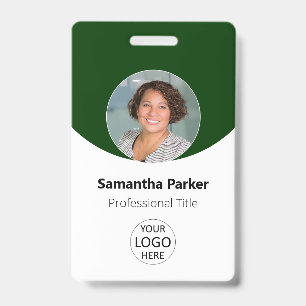 Badge Photo personnalisé vert, logo, code-barres employé