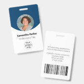 Badge Photo Personnalisée Bleue, Logo, Code Barque Emplo (Avant & arrière)