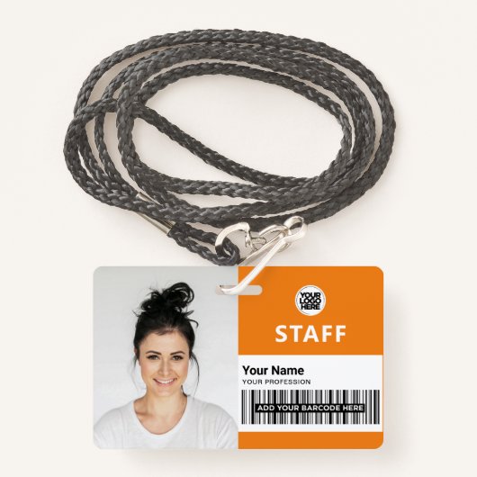 Badge Photo personnalisée de l'employé, Code barre, Logo (Devant avec lanière)