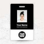 Badge Photo personnalisée de l'employé, Code barre, Logo<br><div class="desc">Personnalisez facilement ce badge personnalisé noir et blanc avec photo, code de la barre d'analyse et logo de l'entreprise. Un design d'entreprise simple en couleurs standard monochromes entièrement personnalisable en tailles avant et arrière, sans-serif polices de base et moderne et un look professionnel et clair. Disponible avec cordon, clip métallique...</div>