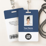 Badge Photo personnalisée de l'employé, Code barre, Logo<br><div class="desc">Personnalisez facilement ce badge personnalisé de nom d'employé avec photo, code de barre d'analyse et logo d'entreprise. Un design d'entreprise simple en bleu marine et blanc entièrement personnalisable en tailles avant et arrière, sans-serif polices de base et moderne et un look professionnel et clair. Disponible avec cordon, clip métallique ou...</div>