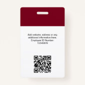 Badge Photo personnalisée de l'employé, code Qr, logo, n (Dos)