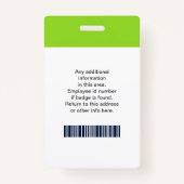 Badge Photo personnalisée de l'employé, logo, code à bar (Dos)