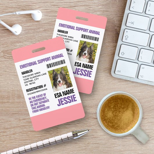 Badge Pink Purple Emotion Support Animal Photo ID