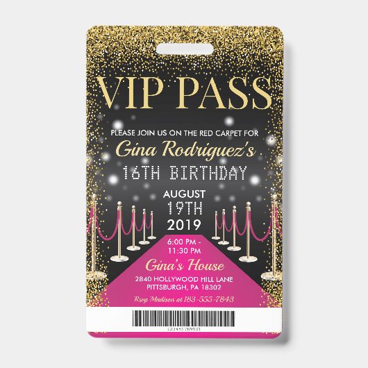 Badge Pink VIP Pass Hollywood Red Carpet Anniversaire (Face)