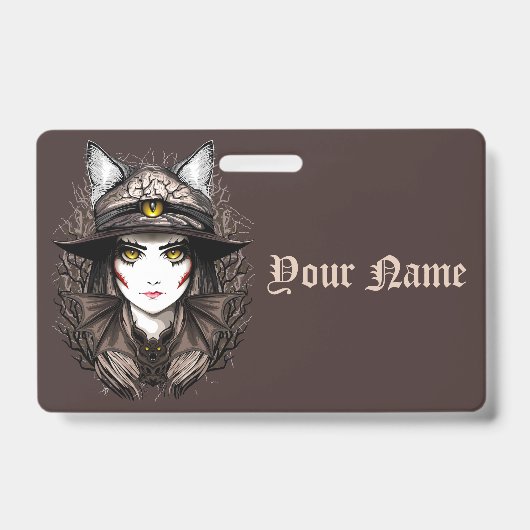 Badge Portrait de chat sorcière Halloween effrayant mign (Avant)