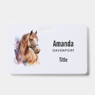 Badge Portrait de tête de cheval brun à l'aquarelle