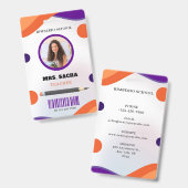 Badge Portrait d'enseignant moderne violet et orange (Front & Back)