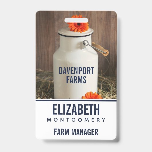 Badge Pot à lait blanc rustique avec photo de fleurs ora (Avant)