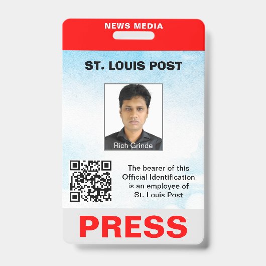 Badge Presse double face rouge gris clair avec photo et (Avant)