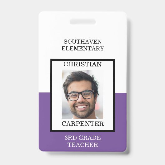 Badge Professeur de photo d'école violet et blanc (Avant)