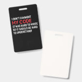 Badge Programmeur je ne commente pas mon code (Avant & arrière)