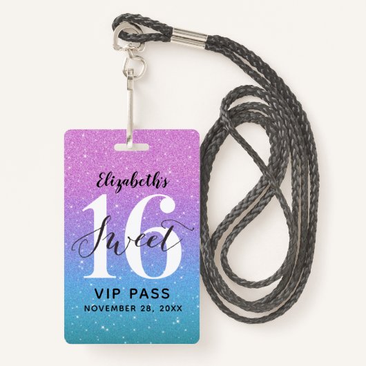 Badge Purple Ombre Parties scintillant douce 16 Annivers (Devant avec lanière)